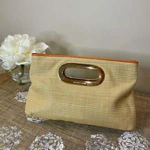 Michael Kors Berkley soft straw clutch with orange trim and gold handle